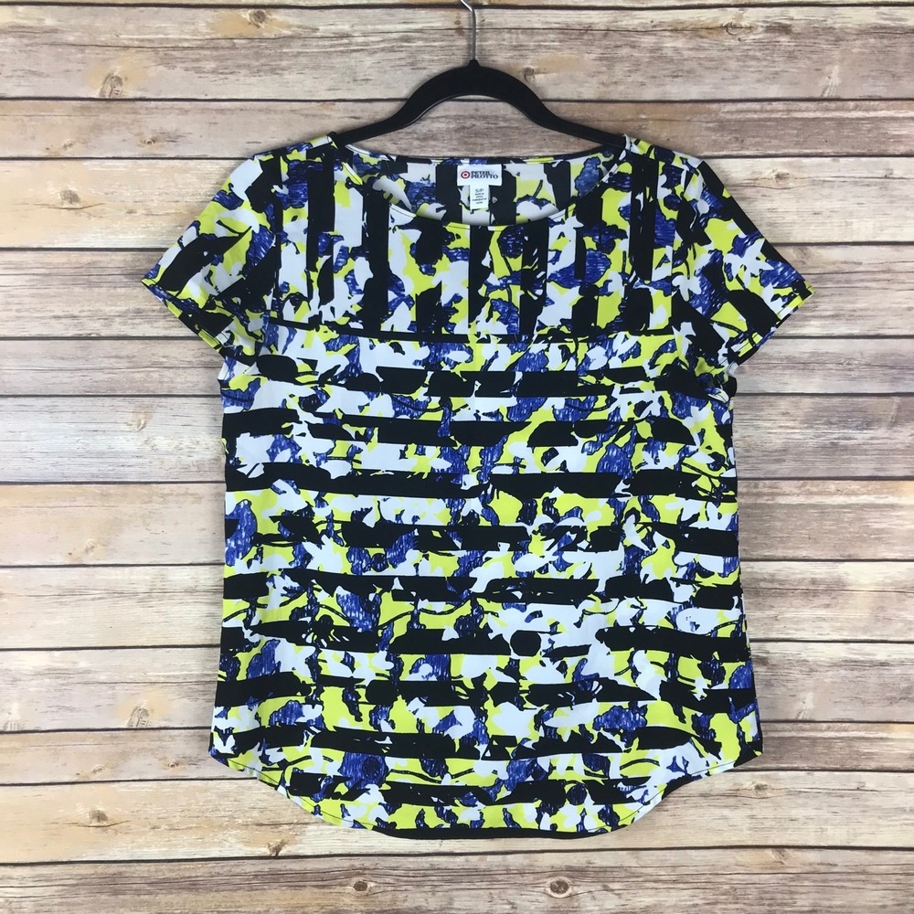 Peter Pilotto‎ Target Top Womens S Floral Stripe Blouse Short Sleeve Boat Neck